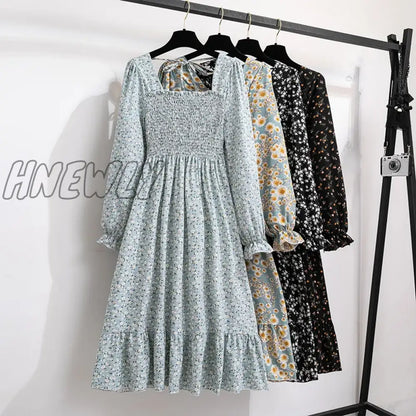 xsrrr Women Casual Chiffon Dresses Autumn Spring Fashion Female Long Sleeve Printed Floral Elastic Chest Thin A-line Midi Dresses