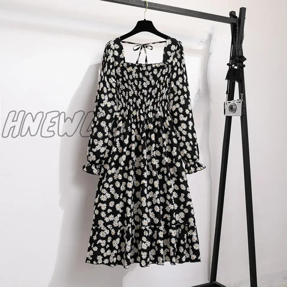 xsrrr Women Casual Chiffon Dresses Autumn Spring Fashion Female Long Sleeve Printed Floral Elastic Chest Thin A-line Midi Dresses