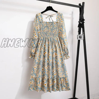 xsrrr Women Casual Chiffon Dresses Autumn Spring Fashion Female Long Sleeve Printed Floral Elastic Chest Thin A-line Midi Dresses