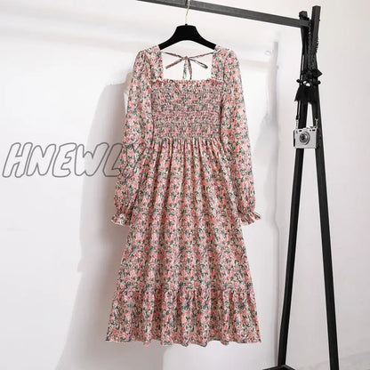 xsrrr Women Casual Chiffon Dresses Autumn Spring Fashion Female Long Sleeve Printed Floral Elastic Chest Thin A-line Midi Dresses