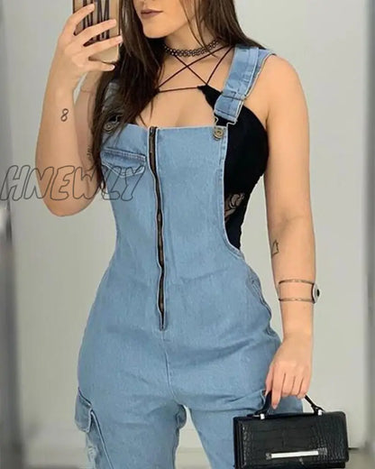 xsrrr Women Casual Fashion Denim Jumpsuits Overalls Long Rompers Zip Front Suspender Jeans Thick Strap Jumpsuit Spring Outfits Trends