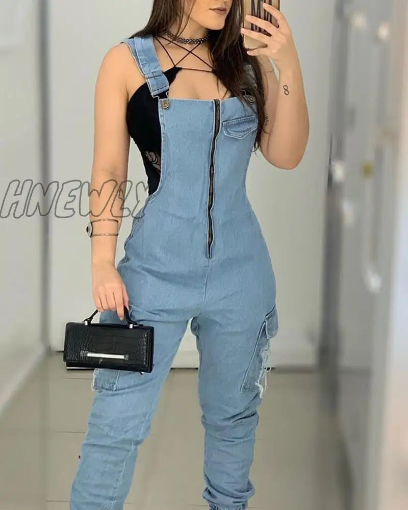 xsrrr Women Casual Fashion Denim Jumpsuits Overalls Long Rompers Zip Front Suspender Jeans Thick Strap Jumpsuit Spring Outfits Trends