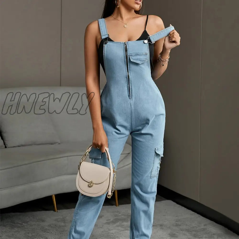 xsrrr Women Casual Fashion Denim Jumpsuits Overalls Long Rompers Zip Front Suspender Jeans Thick Strap Jumpsuit Spring Outfits Trends