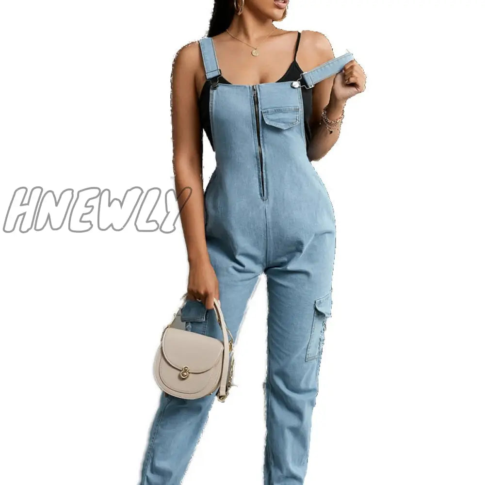 xsrrr Women Casual Fashion Denim Jumpsuits Overalls Long Rompers Zip Front Suspender Jeans Thick Strap Jumpsuit Spring Outfits Trends