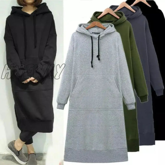 xsrrr Women Casual Hooded Dress Solid Drawsting Long Sleeve Sweatshirts Autumn Winter Oversized Pocket Pullover Harajuku Hoodie