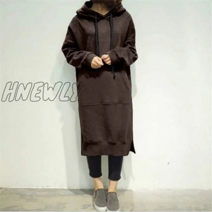 xsrrr Women Casual Hooded Dress Solid Drawsting Long Sleeve Sweatshirts Autumn Winter Oversized Pocket Pullover Harajuku Hoodie