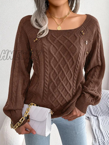 xsrrr Women Casual Square Collar Buttons Long Sleeve Knitted Pullovers And Sweaters For Autumn Winter