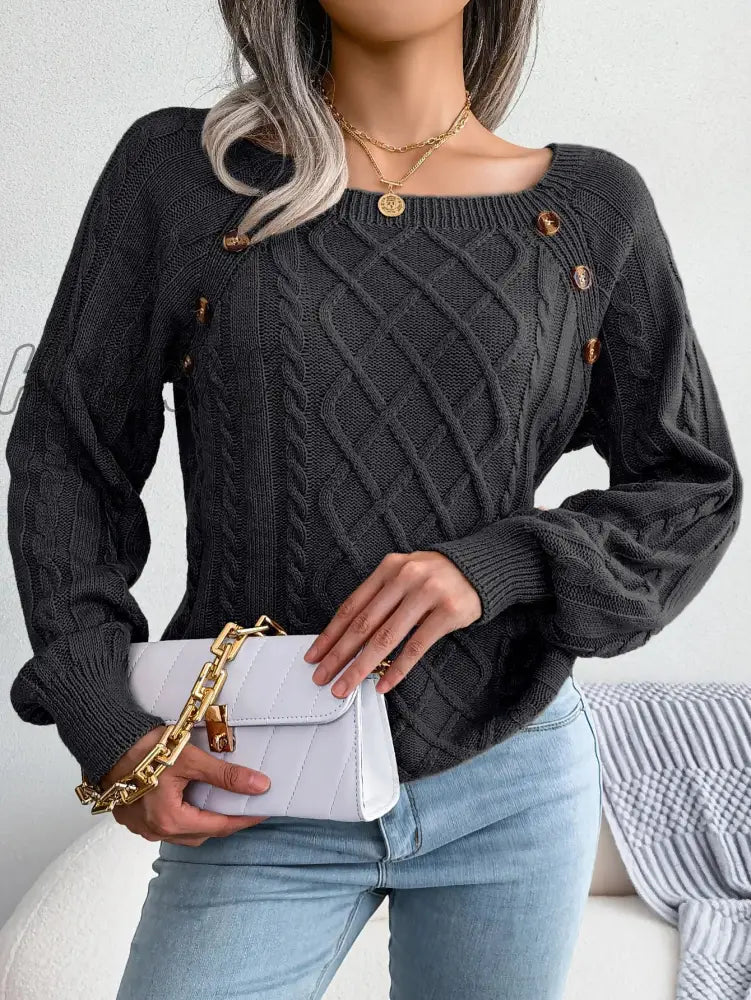 xsrrr Women Casual Square Collar Buttons Long Sleeve Knitted Pullovers And Sweaters For Autumn Winter