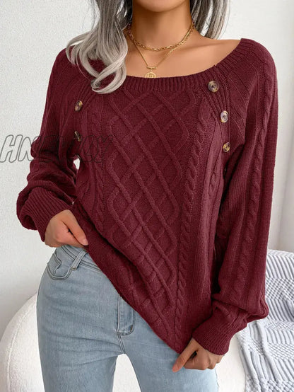 xsrrr Women Casual Square Collar Buttons Long Sleeve Knitted Pullovers And Sweaters For Autumn Winter