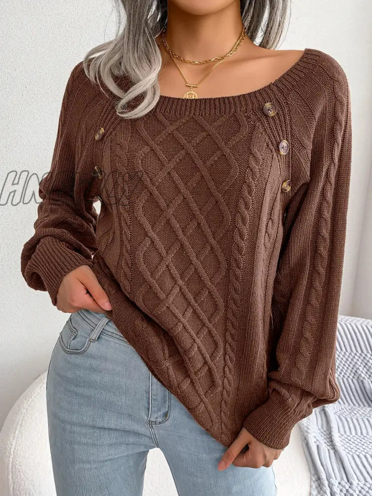 xsrrr Women Casual Square Collar Buttons Long Sleeve Knitted Pullovers And Sweaters For Autumn Winter