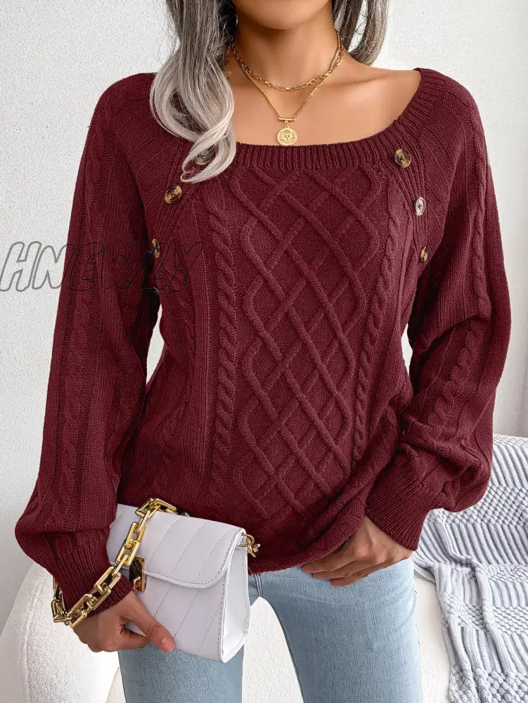 xsrrr Women Casual Square Collar Buttons Long Sleeve Knitted Pullovers And Sweaters For Autumn Winter