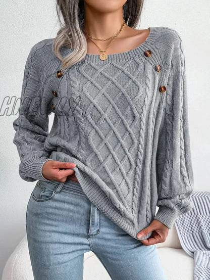 xsrrr Women Casual Square Collar Buttons Long Sleeve Knitted Pullovers And Sweaters For Autumn Winter