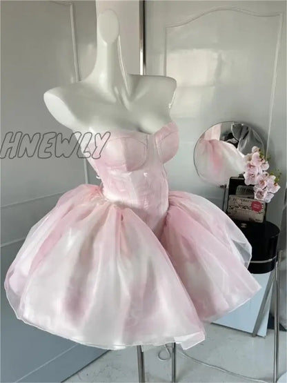 Hnewly Women Chic Pink Asymmetrical Dress Vintage Summer Mini Birthday Female Ruffles PartyLady Holiday Puff Dress