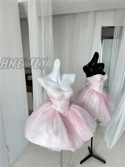 Hnewly Women Chic Pink Asymmetrical Dress Vintage Summer Mini Birthday Female Ruffles PartyLady Holiday Puff Dress