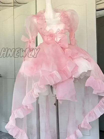 Hnewly Women Chic Pink Asymmetrical Dress Vintage Summer Mini Birthday Female Ruffles PartyLady Holiday Puff Dress