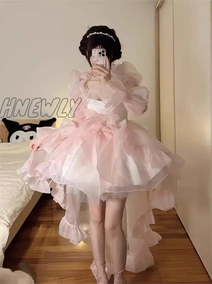 Hnewly Women Chic Pink Asymmetrical Dress Vintage Summer Mini Birthday Female Ruffles PartyLady Holiday Puff Dress