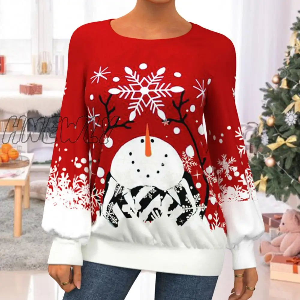 xsrrr Women Christmas Top Lantern Sleeve Long Sleeves Crew Neck Xmas Blouse Colorful New Year Snowman Sweatshirt Female Clothes