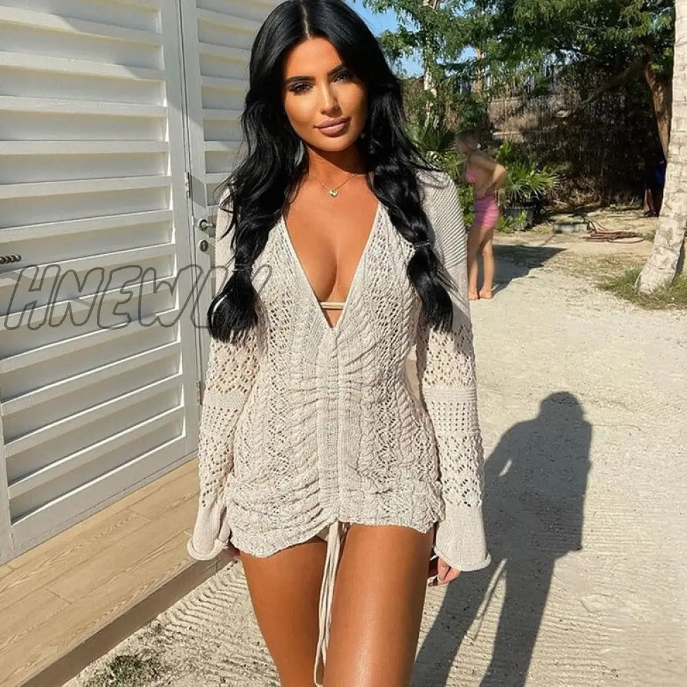 xsrrr Women Deep V-neck Hollow Out Sexy Knitted Dresses Solid Long Sleeve Drawstring Mini dress Fashion Casual Spring Streetwear