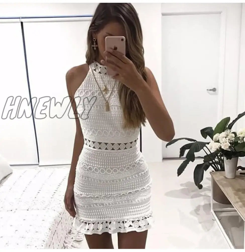 xsrrr Women Dress Sexy White Lace Stitching Hollow Out Party Dresses Elegant  Short Mini Summer Spring Long Sleeve Clothes Vestidos