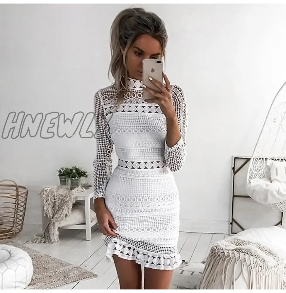 xsrrr Women Dress Sexy White Lace Stitching Hollow Out Party Dresses Elegant  Short Mini Summer Spring Long Sleeve Clothes Vestidos