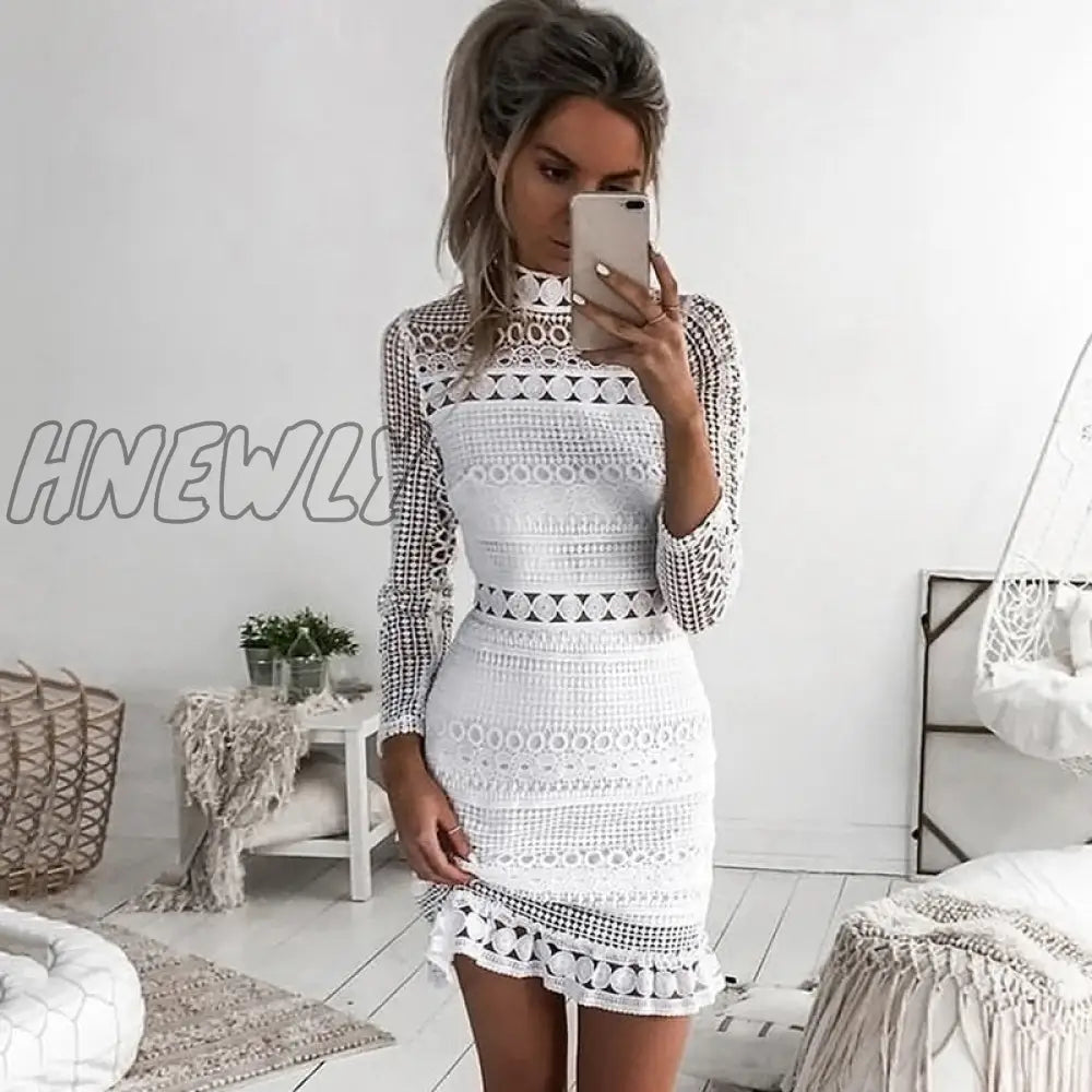 xsrrr Women Dress Sexy White Lace Stitching Hollow Out Party Dresses Elegant  Short Mini Summer Spring Long Sleeve Clothes Vestidos