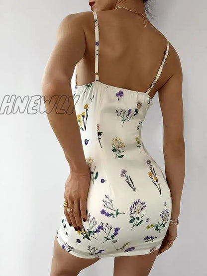 xsrrr Women Elegant Bow Tie-up Wrap Slim Dress Summer Sexy Floral Printed Sling Dress Fashion Hollow Backless Bodycon Party Mini Dress