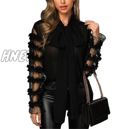 xsrrr Women Elegant Fashion Black Patchwork sheer Shirt Female Top Casual Brief  Sheer Mesh Long Sleeve Blouse Spring Outfits Trends