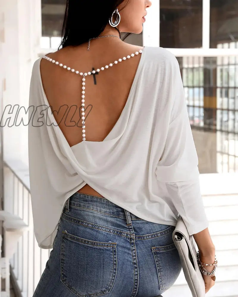 xsrrr Women Elegant Fashion Casual Long Sleeve Blouse Beaded  Backless Sexy Tops Spring Outfits Trends