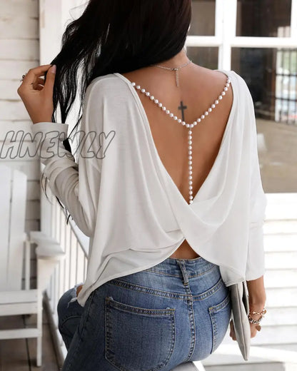 xsrrr Women Elegant Fashion Casual Long Sleeve Blouse Beaded  Backless Sexy Tops Spring Outfits Trends