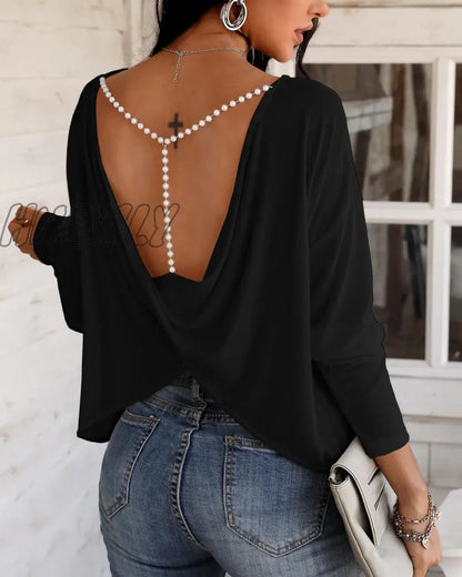 xsrrr Women Elegant Fashion Casual Long Sleeve Blouse Beaded  Backless Sexy Tops Spring Outfits Trends