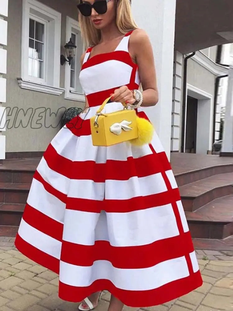 Hnewly Women Elegant Off Shoulder Long Party Dress New Summer Striped Print Sleeveless Dress Fashion Chic A-Line Suspender Beach Dress