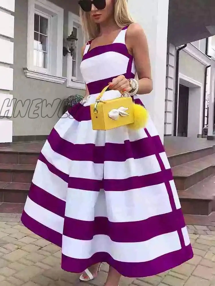 Hnewly Women Elegant Off Shoulder Long Party Dress New Summer Striped Print Sleeveless Dress Fashion Chic A-Line Suspender Beach Dress