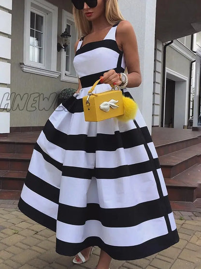 Hnewly Women Elegant Off Shoulder Long Party Dress New Summer Striped Print Sleeveless Dress Fashion Chic A-Line Suspender Beach Dress