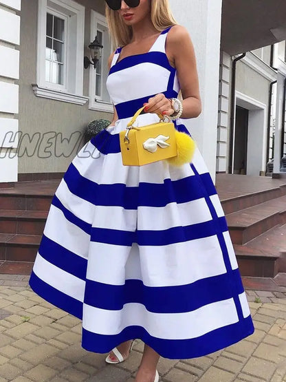 Hnewly Women Elegant Off Shoulder Long Party Dress New Summer Striped Print Sleeveless Dress Fashion Chic A-Line Suspender Beach Dress