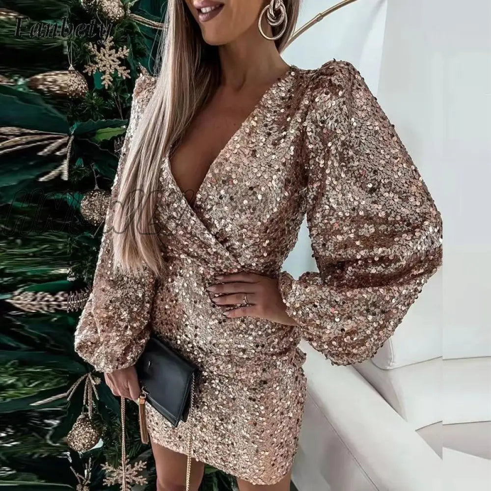 xsrrr Women Elegant Solid Glitter Sequins Party Dress Winter Fashion V-Neck Draped Dress Lady Casual Lantern Long Sleeve Bodycon Dress Nye Outfits