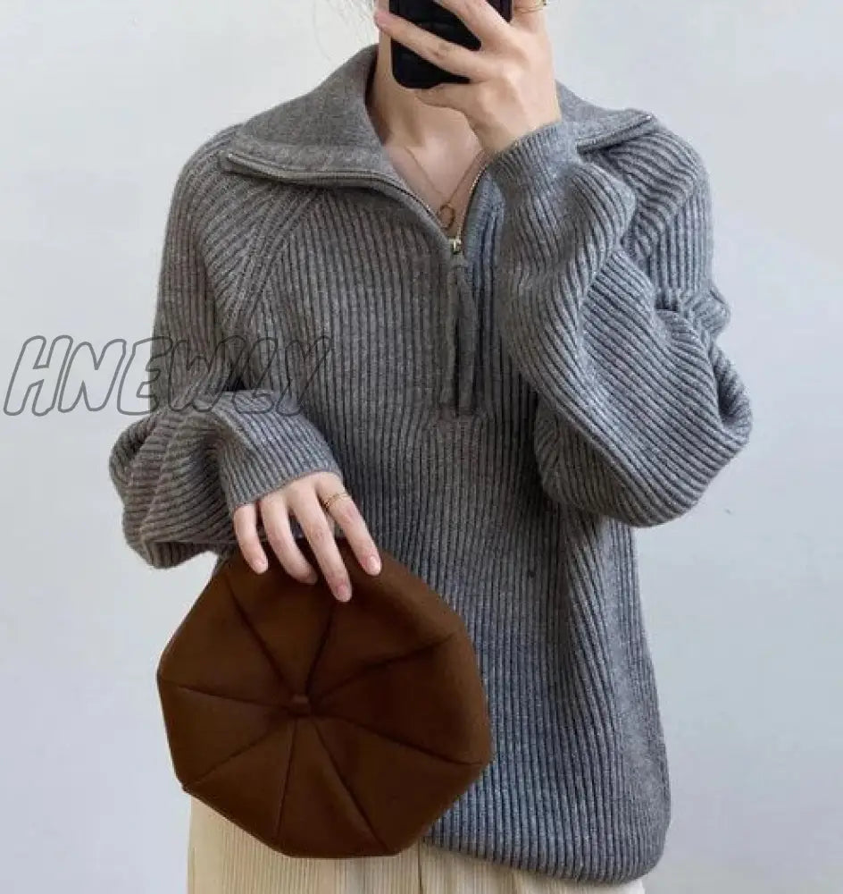 Hnewly Women Fall Sweater Oversized Winter Pullover V Neck Long Sleeve Tops With Half Zip Knitted Jumper Fashion Pullovers Streetwear