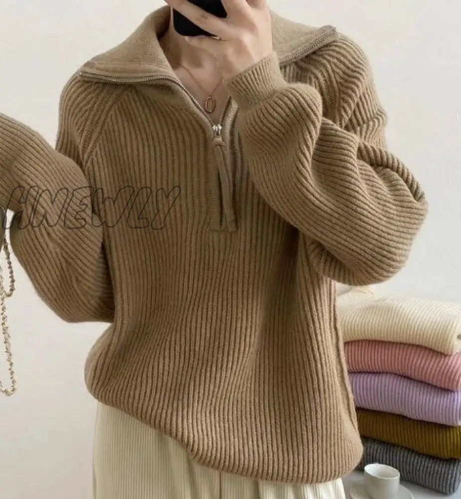 Hnewly Women Fall Sweater Oversized Winter Pullover V Neck Long Sleeve Tops With Half Zip Knitted Jumper Fashion Pullovers Streetwear