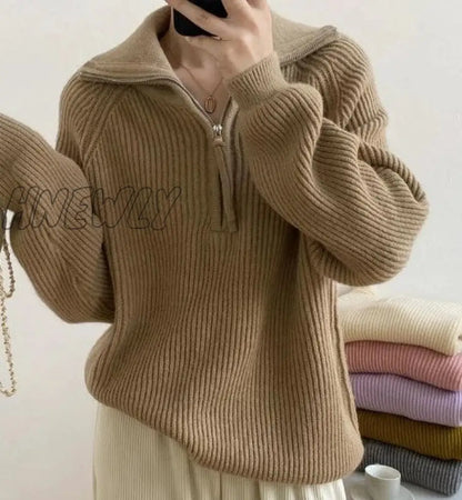 Hnewly Women Fall Sweater Oversized Winter Pullover V Neck Long Sleeve Tops With Half Zip Knitted Jumper Fashion Pullovers Streetwear