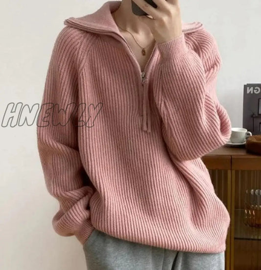 Hnewly Women Fall Sweater Oversized Winter Pullover V Neck Long Sleeve Tops With Half Zip Knitted Jumper Fashion Pullovers Streetwear