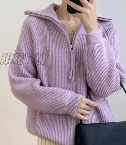 Hnewly Women Fall Sweater Oversized Winter Pullover V Neck Long Sleeve Tops With Half Zip Knitted Jumper Fashion Pullovers Streetwear