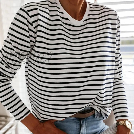 xsrrr Women Fashion Black And White Striped Blouse Shirt Casual Long Sleeve O-neck Soft Korean Shirt Ladies Women T-Shirt Autumn