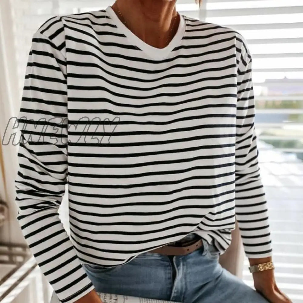 xsrrr Women Fashion Black And White Striped Blouse Shirt Casual Long Sleeve O-neck Soft Korean Shirt Ladies Women T-Shirt Autumn