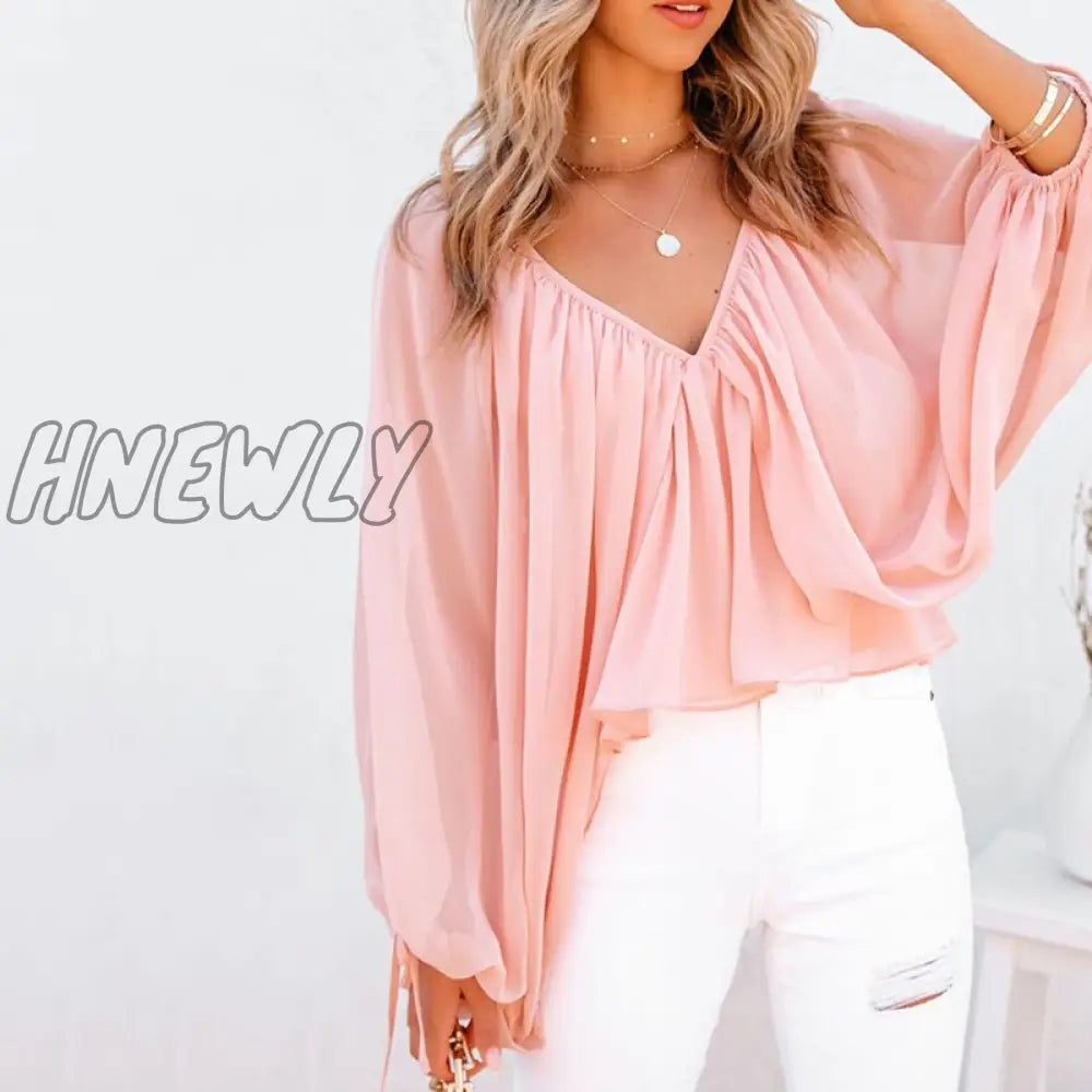 xsrrr Women Fashion Casual Long Sleeve Loose Fit Blouse V neck Batwing Sleeve Backless Sexy Tops Spring Outfits Trends