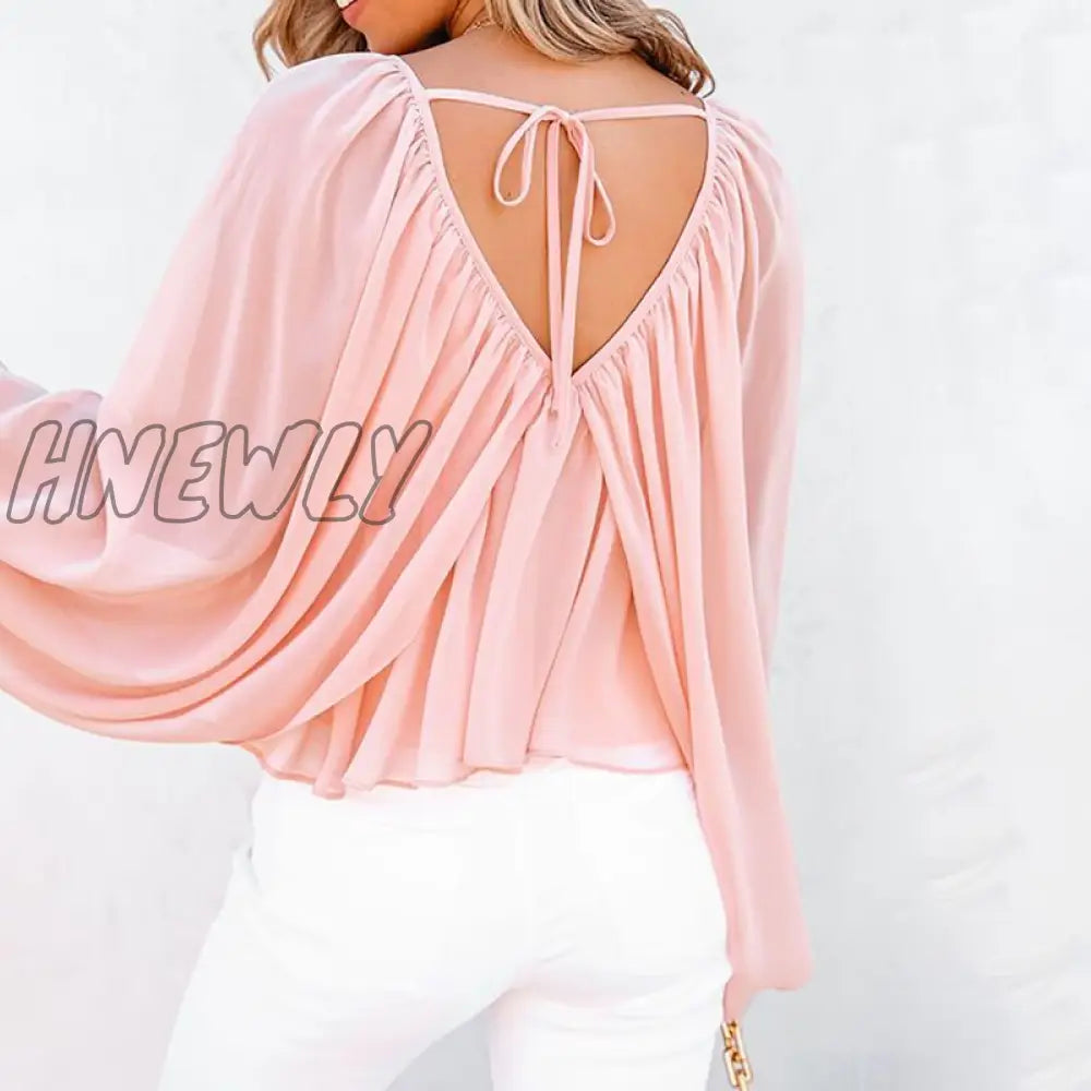 xsrrr Women Fashion Casual Long Sleeve Loose Fit Blouse V neck Batwing Sleeve Backless Sexy Tops Spring Outfits Trends