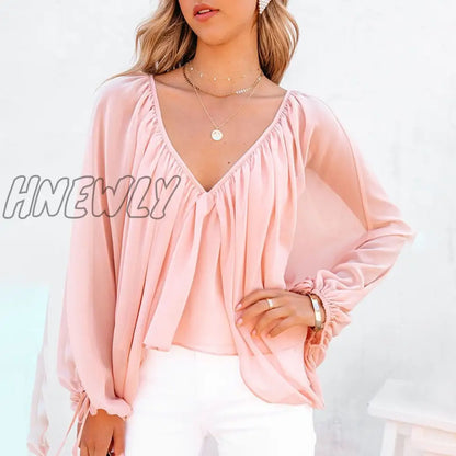 xsrrr Women Fashion Casual Long Sleeve Loose Fit Blouse V neck Batwing Sleeve Backless Sexy Tops Spring Outfits Trends