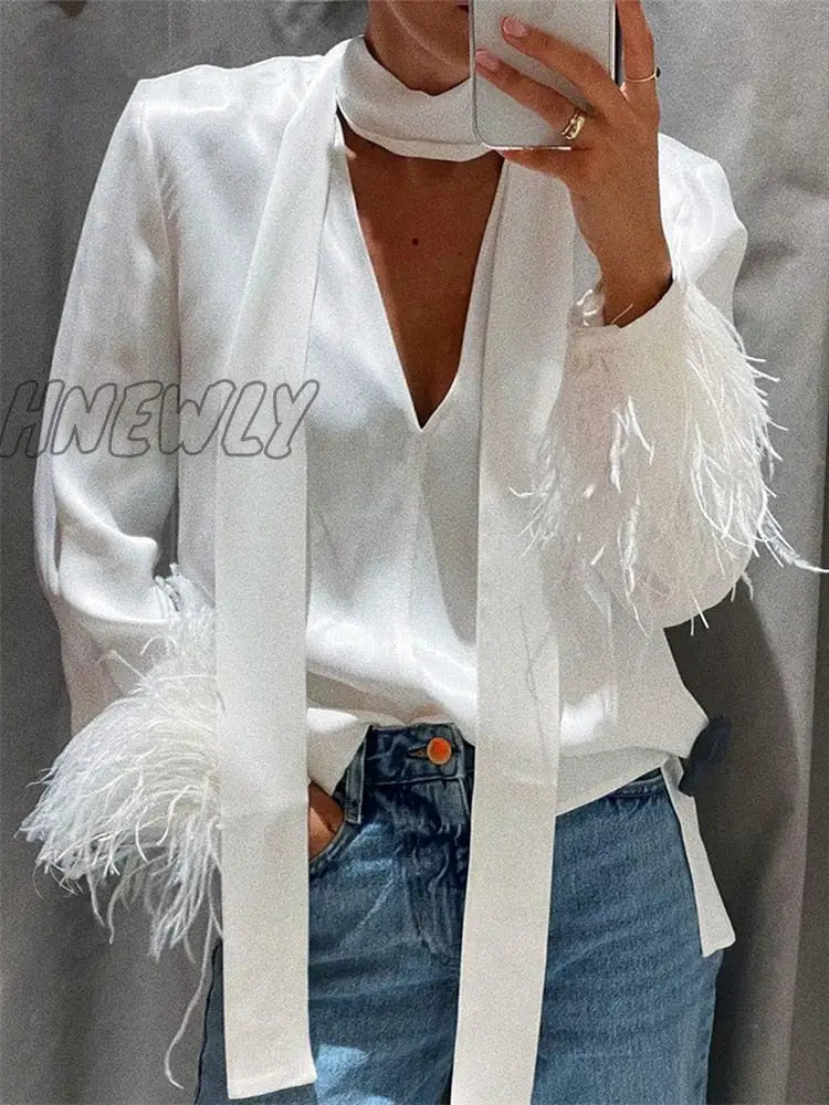 xsrrr Women Fashion Feather Trim Blouse Solid Color Long Sleeve V Neck Tops and Blouses Autumn Casual Elegant Harajuku Shirts