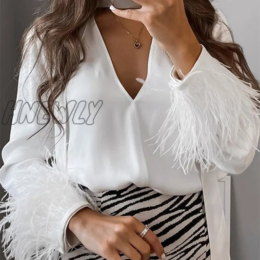 xsrrr Women Fashion Feather Trim Blouse Solid Color Long Sleeve V Neck Tops and Blouses Autumn Casual Elegant Harajuku Shirts