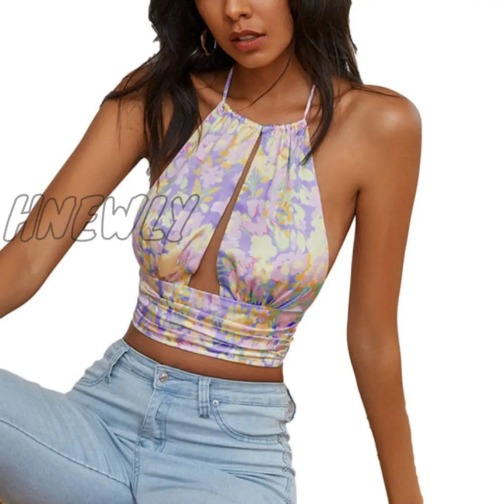 xsrrr Women Fashion Sexy Halter Backless Floral Print Tank Tops Summer  Female Casual Sleeveless Vest Tops