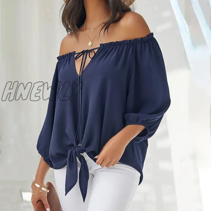 xsrrr Women Fashion Solid Casual Shirt Lady Off Shoulder Long Sleeve Blouse Lace-up Casual Tops Spring Outfits Trends