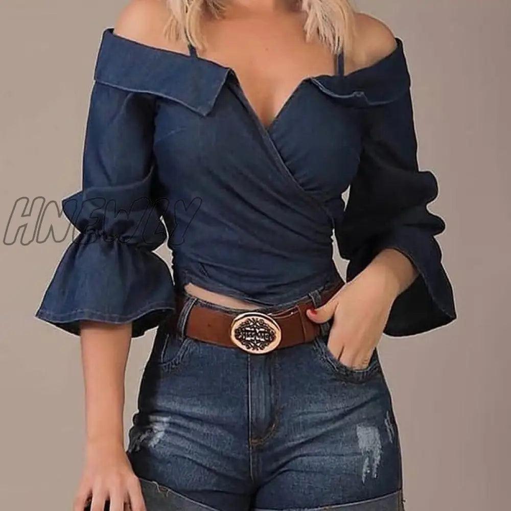 xsrrr Women Fashion Solid Shirt Lady Off shoulder Half Flare Sleeve Blouse Wrap Casual Shirts Spring Outfits Trends